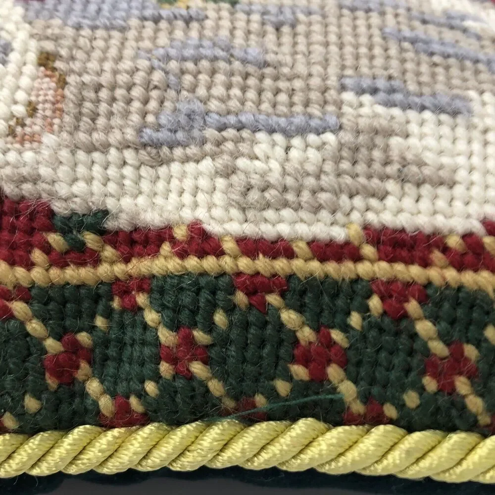Vintage Victorian Angel Handmade Wool Needlepoint Pillow 9” Green Velvet Back